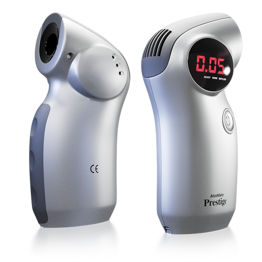 AlcoMate Prestige AL6000 in silver with black trim, front and rear views